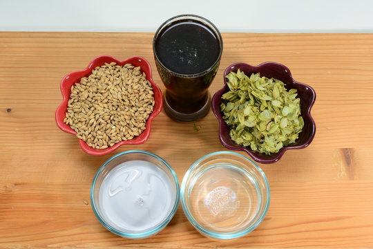 Home Brew Beer ingredients shown with a glass of foamy beer with malted barley grain, yeast, hops and water