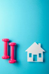 Fototapeta na wymiar Pair of pink 1 kg dumbbells on blue background