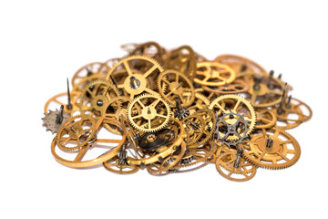 A pile of gear. Many mechanisms. Old vintage gears. Part of clockwork. The natural color and...