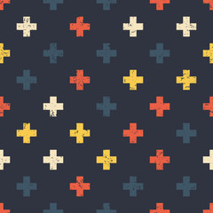 Vector Geometric Seamless Pattern. Repeating Abstract Background with Grunge Texture. Vintage Bright Graphic Ornament with Crosses
