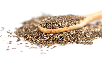 Close up chia seeds in wooden spoon on white background