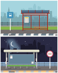 Vector Illustration of Bus Stop with City Skyline and River with Boat in Background. Flat Design Style.