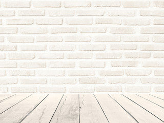 Wood floor and white brick wall Interiors background. Gray cement,concrete texture painted outdoor house. Flat wooden panel,planks sepia tones. Stucco sand,stone plastered seamless new modern design.