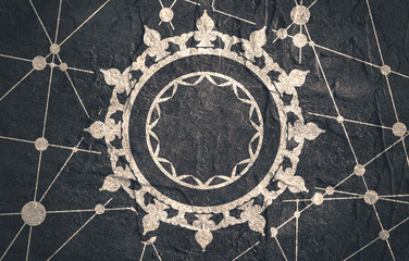 Patterns with geometric ornament. Circular ornamental symbols. Islam, Arabic, Indian, ottoman motifs. Molecule And Communication Background. Grunge textured backdrop. Connected lines with dots.