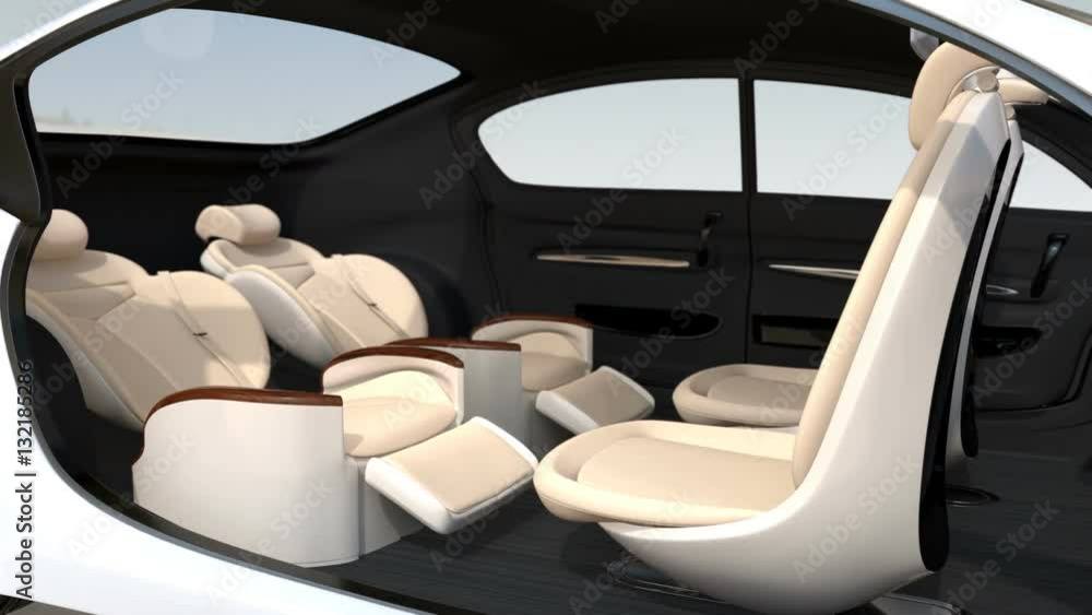 Poster 3d animation of business meeting layout in self driving car. front seats turn to backward, and the r
