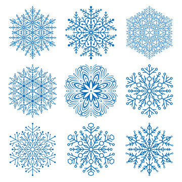 Set of blue snowflakes. Fine winter ornament. Snowflake collection