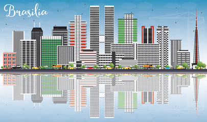 Fototapeta premium Brasilia Skyline with Gray Buildings, Blue Sky and Reflections.