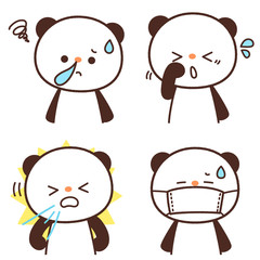 花粉症の症状（鼻水・くしゃみ・目のかゆみ・マスクをかける）のパンダキャラクター　セット　ベクター