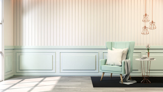 interior room chic style ,blue pastel sofa  with gold lamp on white wall and wood floor,soft light,3d render