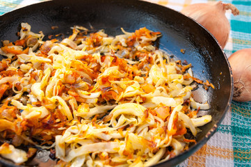 Pan braised cabbage with carrots closeup  