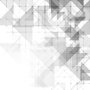 A modern abstract geometric pattern featuring overlapping gray triangles and a dotted grid mesh on a clean white background, fading out towards the bottom left.