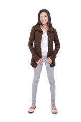 Beautiful asian woman smiling over white background