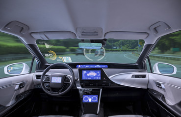 empty cockpit of vehicle, HUD(Head Up Display) and digital speedometer