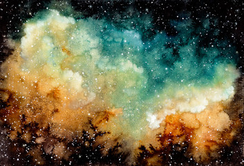 Akwarela Żółta Mgławica, Gwiazdy i Ciemne Niebo - 132187639