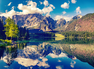 mountain lake in the Julian Alps, Italy,retro ,vinage style