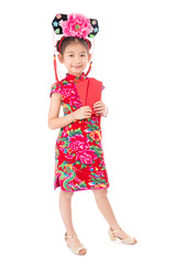 happy chinese new year. smile asian girl holding red envelope