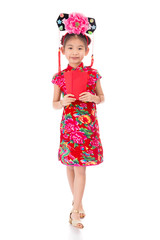 happy chinese new year. smile asian girl holding red envelope