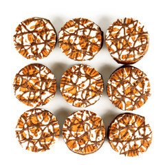 Chocolate cookies round shape closeup on a white background.