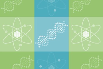 Atomic and DNA structure on green and blue background
