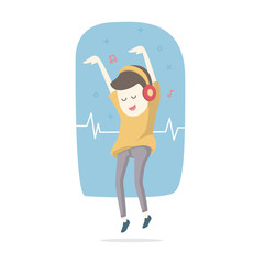 Happy smiling young man listens to music with headphones and dan