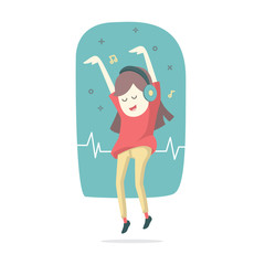 Happy smiling young woman listens to music with headphones and d