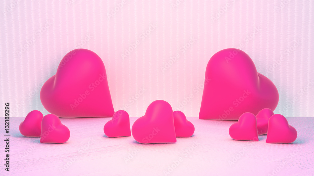Fototapete 3d rendering picture of heart shape objects on the floor. happy valentines day greeting card.