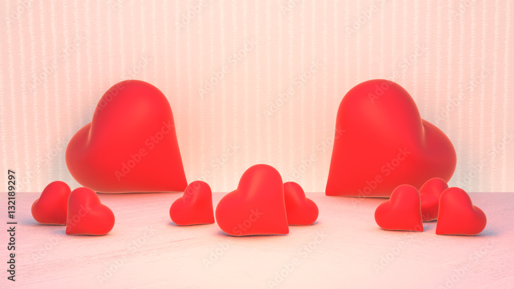Fototapete 3d rendering picture of heart shape objects on the floor. happy valentines day greeting card.