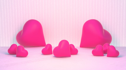 3d rendering picture of heart shape objects on the floor. Happy Valentines Day greeting card.