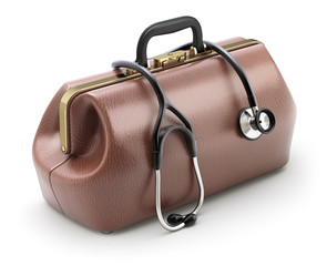 Retro brown leather doctor's bag with the stethoscope