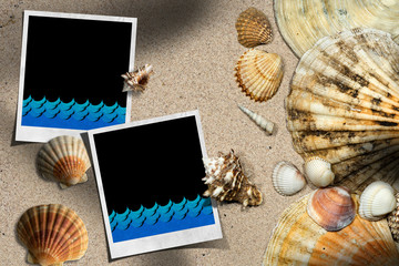 Beach Vacations - Seashells on a sandy beach with blank instant photo frames and blue waves