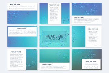 Big set of vector templates for presentation slides. Modern graphic background structure molecule and communication. Scientific pattern atom DNA. Medical, science, chemistry design.