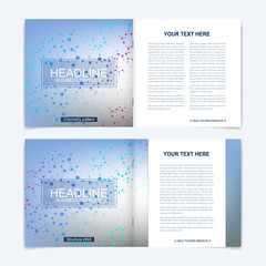 Templates for square brochure. Leaflet cover presentation. Business, science, technology design book layout. Scientific molecule background