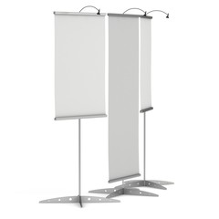 Blank Roll Up Expo Banner Stand Group. Trade show booth white and blank. 3d render illustration isolated on white background. Template mockup for your expo design.