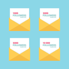 Thank you letters, emails or messages for network friends and followers. Set of card templates for social networks, promotion and advertising. Flat style vector Illustration.