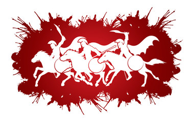 3 Spartan warrior riding horses designed on splatter blood graphic vector.