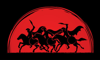 3 Spartan warrior riding horses designed on sunlight blood graphic vector.