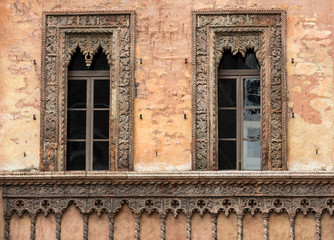 Old window in palace on Piazza Sordello The historic city center of Mantova Lombardy .Italy