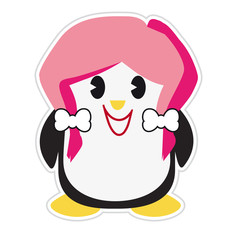 Cartoon image of a teenage penguin with pink hair and a big smile isolated on a white background