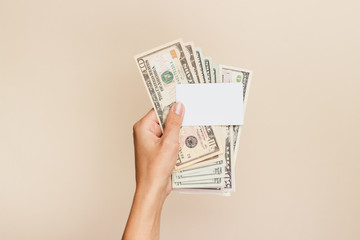 Woman's hand with money on a light background