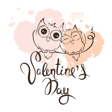 Valentine card / Couple of lovers owls on a branch, vector illustration