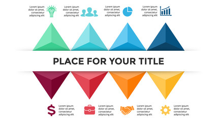Vector arrows triangles timeline infographic, diagram chart, graph. Business concept with 8 options, parts, steps, processes. 16:9. Ready for presentation slide.
