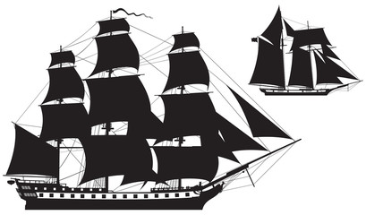 Sailing Ship silhouettes, frigate and Schooner vector illustration - obrazy, fototapety, plakaty