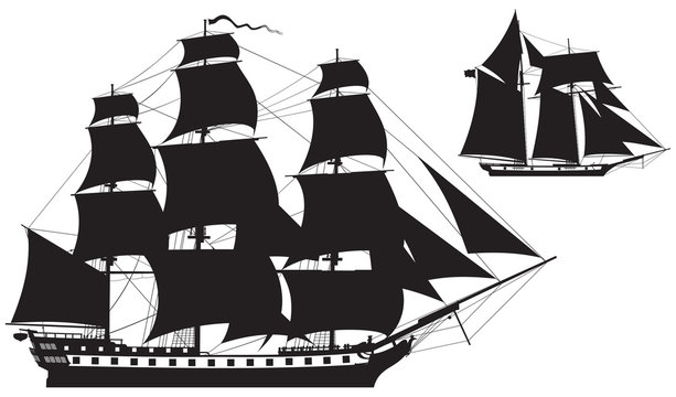 Sailing Ship silhouettes, frigate and Schooner vector illustration