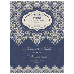 Wedding invitation cards in an vintage-style blue and beige. Beautiful Victorian ornament. Frame with floral elements. Vector illustration.