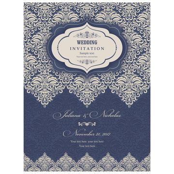 Wedding invitation cards in an vintage-style blue and beige. Beautiful Victorian ornament. Frame with floral elements. Vector illustration.
