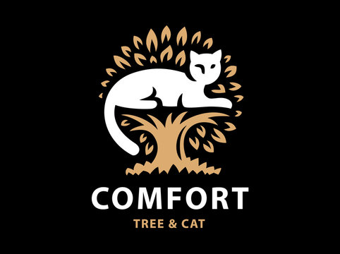 Cat and tree logo design on black background