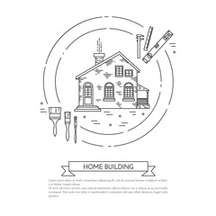 House remodel horizontal banner with building tools Line art