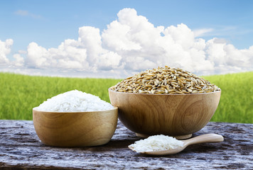 Fototapeta na wymiar white rice and paddy in wood bowl