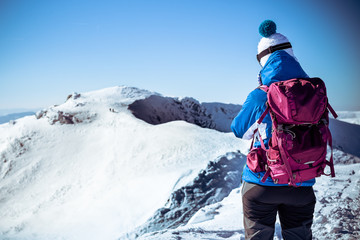 Female Looking Into Distance, Young Woman Mountain Top, Hiker Walking On Snowy European Mountains, Concept Successful Woman, Hiker On Mountain Top, Vintage Winter With Woman, Symbol Woman On Top