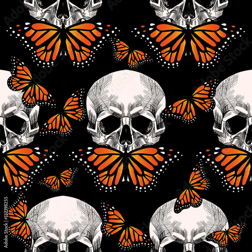 Download "Skull and beautiful butterfly . Vector seamless pattern ...